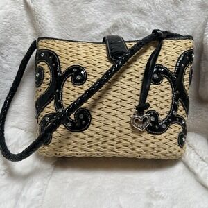 Brighton Vintage Natural Woven Straw Valentina Pattern Leather Trim‎ Purse Logo